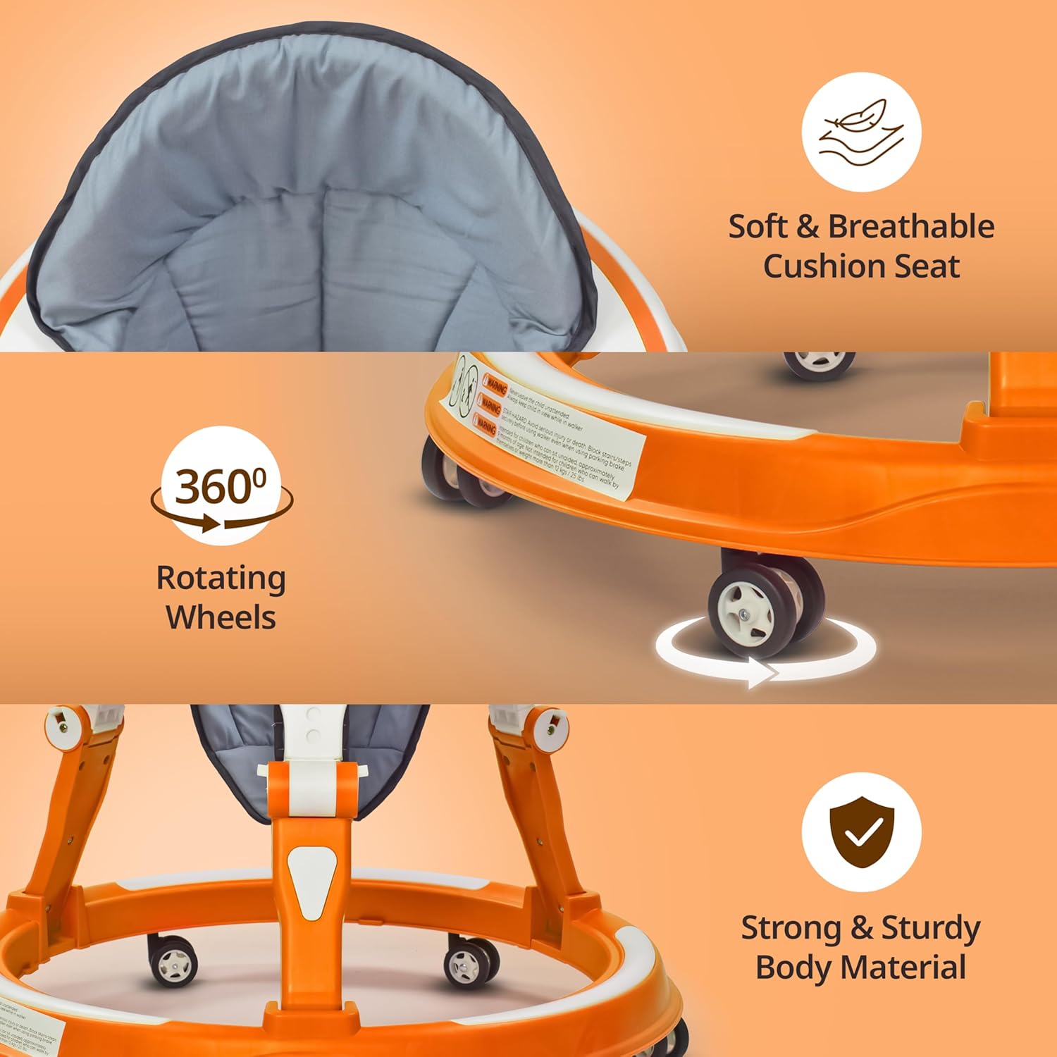Bright orange baby walker with stimulating toys, designed for promoting baby's mobility and development. www.usmile.toys